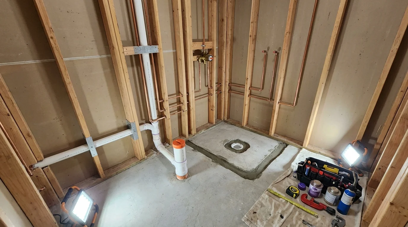 Bathroom rough-in plumbing during remodel by Johns Plumbing LLC in Longbranch