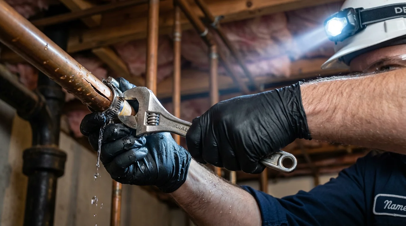 Emergency pipe clamp repair being performed by a Johns Plumbing LLC plumber in Longbranch
