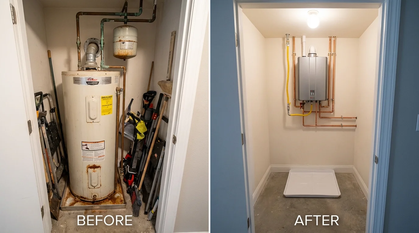 Tank water heater versus wall-mounted tankless unit comparison for Longbranch, WA homeowners