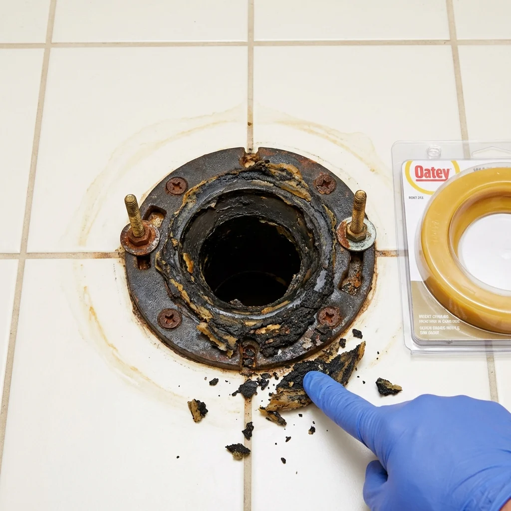 Failed wax ring showing water seepage at the base of a toilet in a Longbranch, WA home
